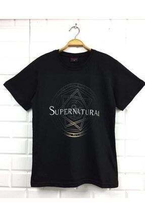 Unisex Siyah Supernatural Baskılı T-shirt GKMRUX46-KOR