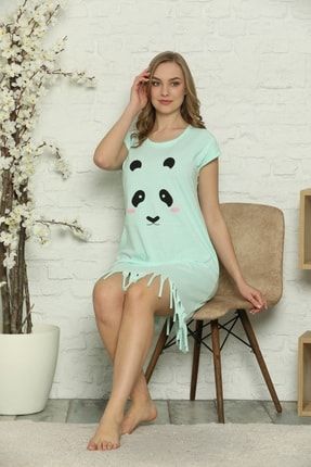 Kadın Mint Yeşili Panda Baskılı Püsküllü Elbise MK240-4