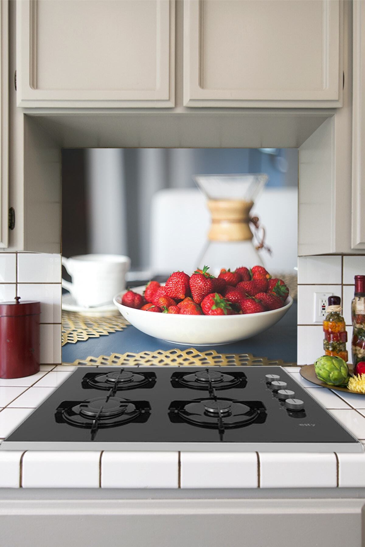 Tilki Dünyası-Red Strawberries Sticker Behind the Kitchen Stove 1