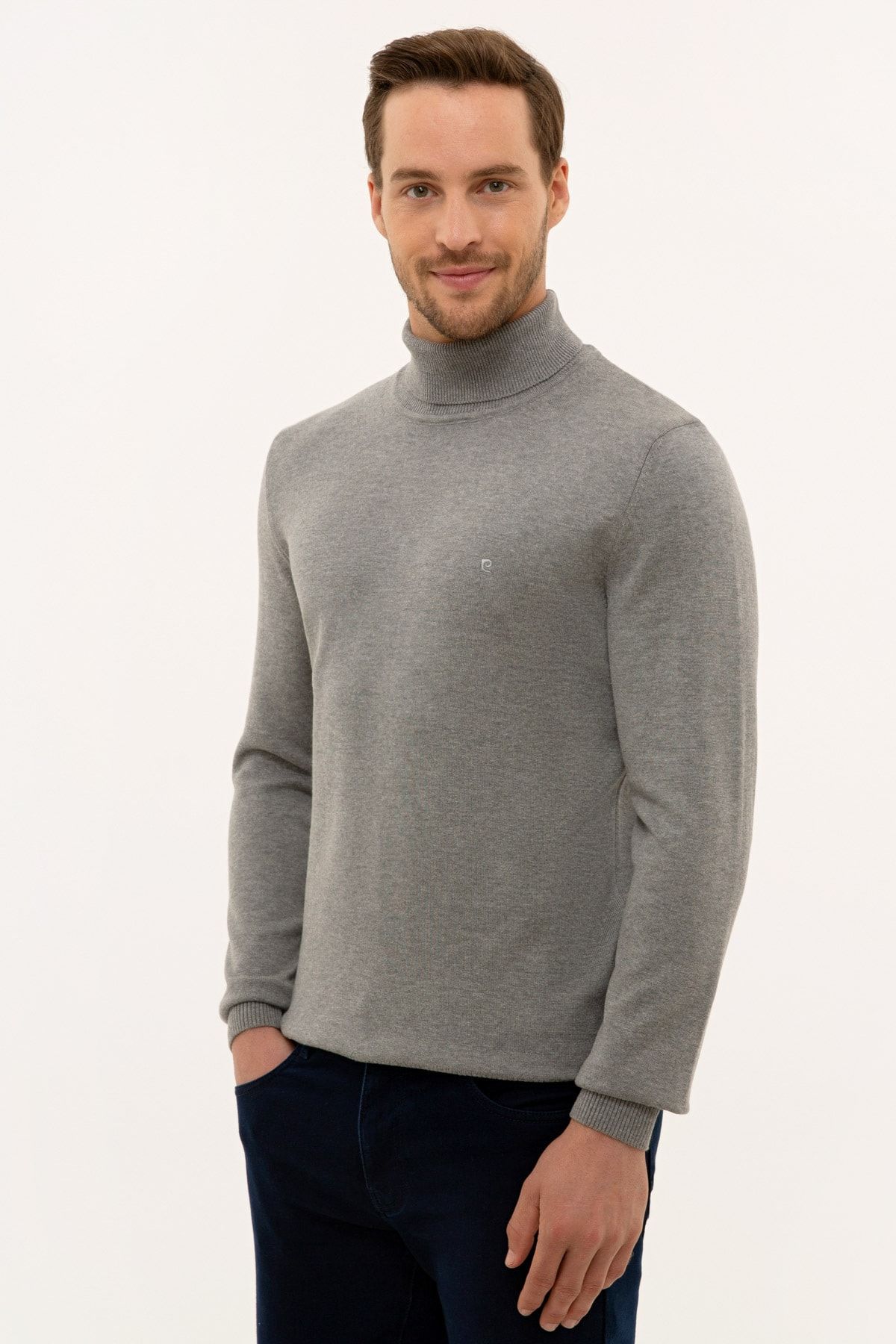 Pierre Cardin-Men's Gray Melange Slim Fit Full Turtleneck Basic Knitwear Sweater 3