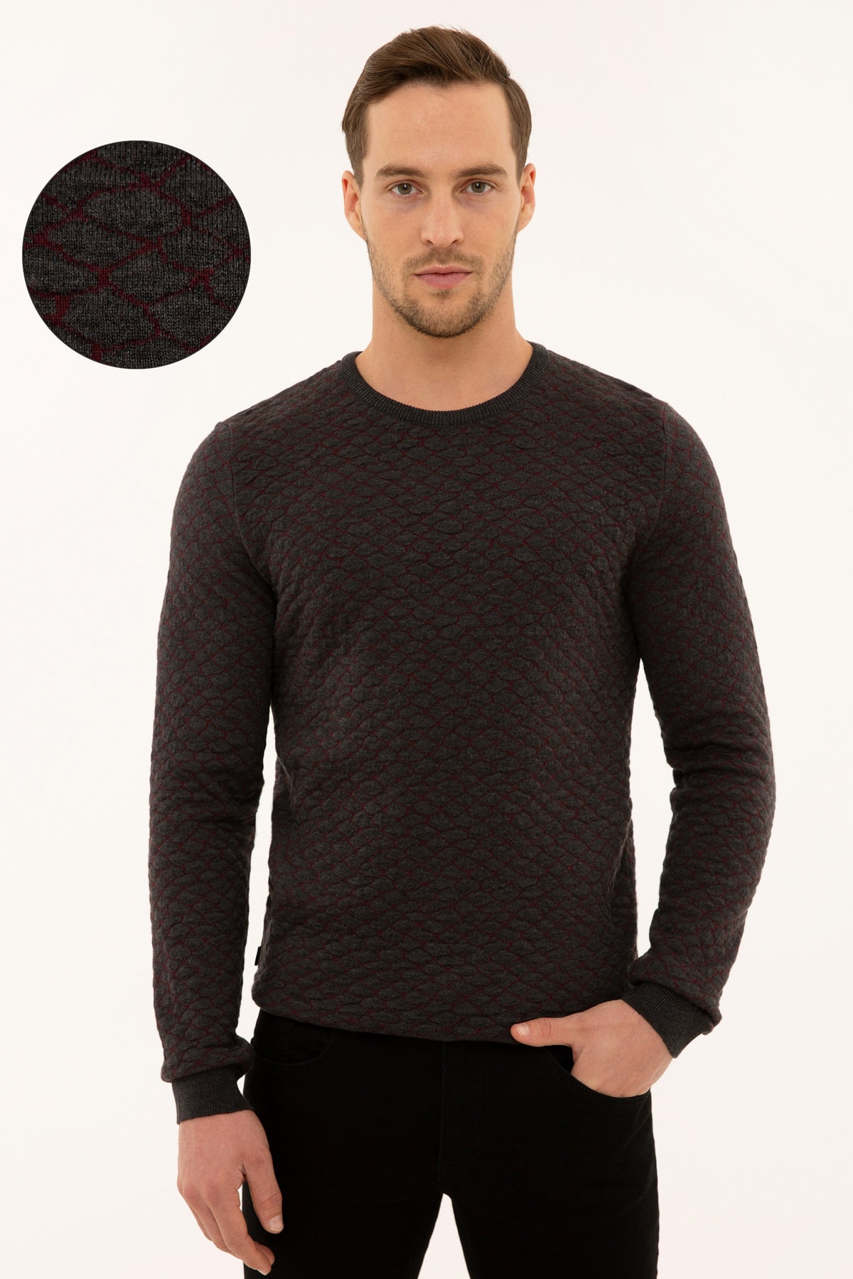 پیر کاردین ژاکت بافتنی مردانه باریک و بورگوندی، رنگ آنتراسیت ملانژ، مدل G021SZ0TK.000.1114017