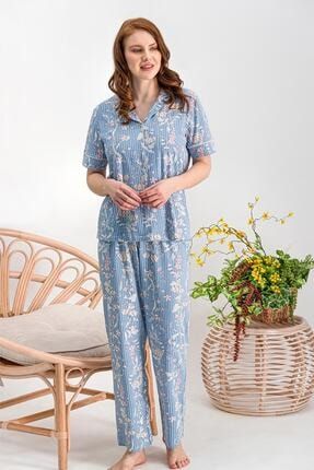 Kadın Açık İndigo Wild Flower Gömlek Pijama Takımı AR805-S