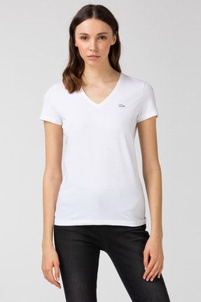 Kadın Slim Fit V Yaka Beyaz T-Shirt TF0999