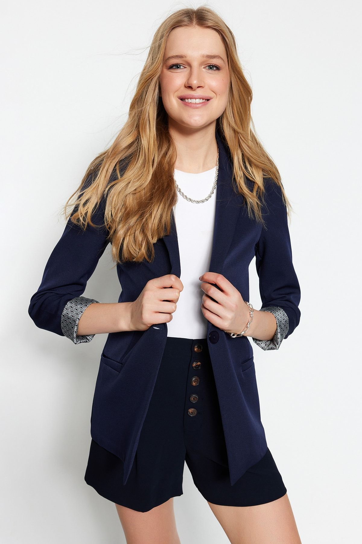 Trendyol Collection-Navy Blue Regular Gray Geometric Patterned Lined Single Button Pocket Woven Blazer Jacket Twoaw20Ce0316 3