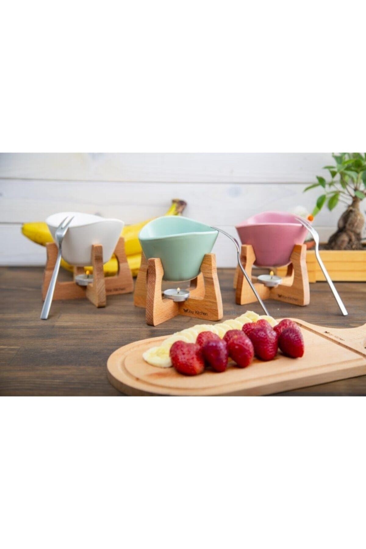 Wooden Fondue Set Colorful Ceramic Bowl Wooden Stand Fondue Set 3 Pieces 3 Colors