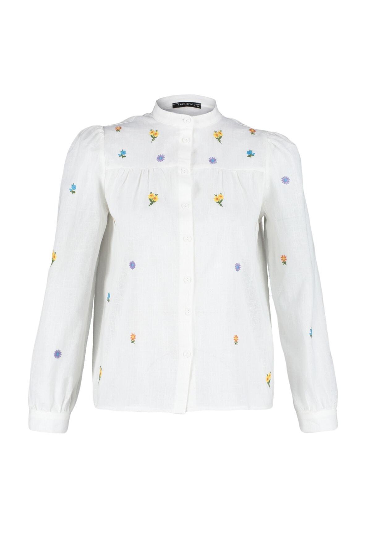 Trendyol Collection-Ecru Bestickt - Regular Fit Gewebtes Hemd TWOSS23GO00152 7