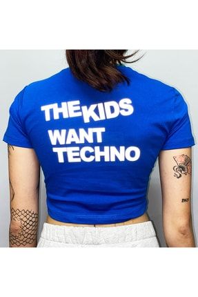 Reflektörlü Crop Koyu Mavi Tişört 'the Kids Want Techno' AFT11144