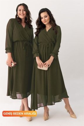 Kadın Haki Uzun Kruvaze Yaka Şifon Elbise ELBISEDELISI-0001