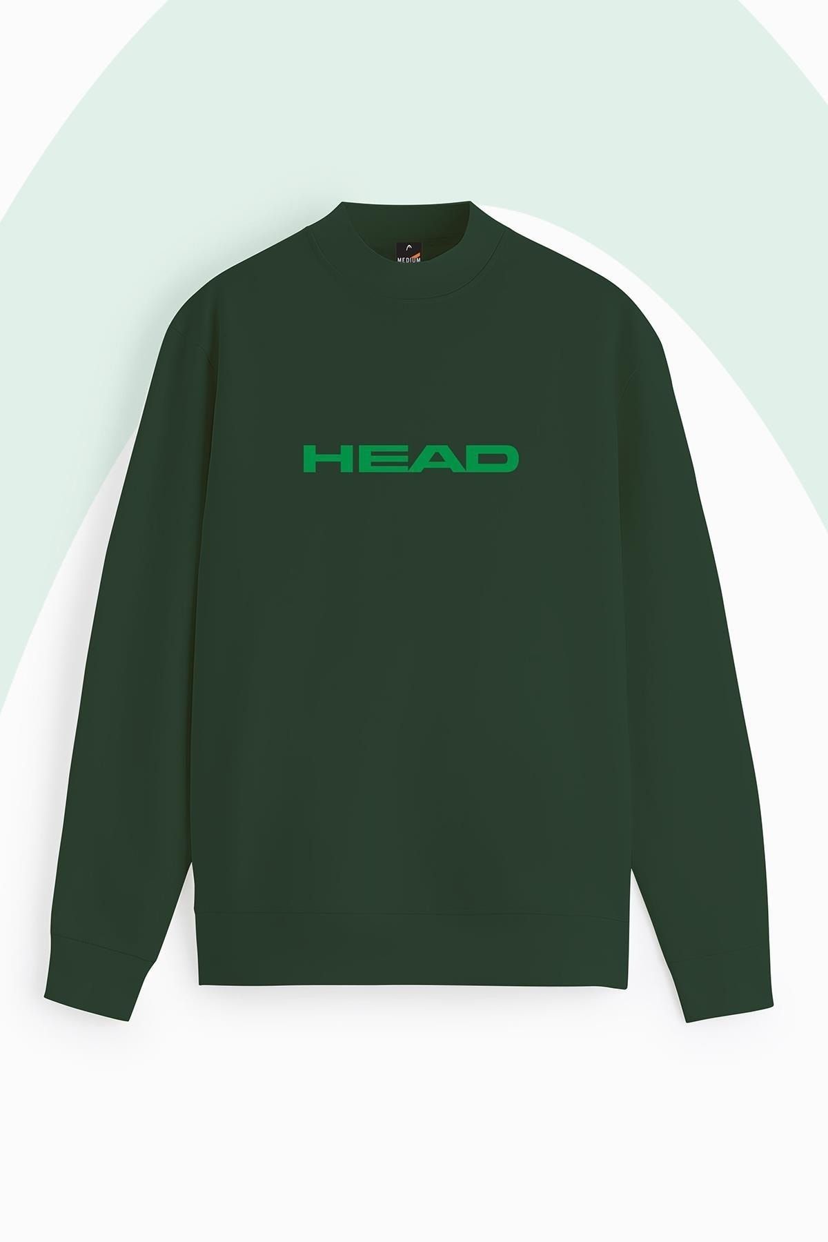 Head Erkek Yeşil Logo Baskı Bisiklet Yaka 4 Mevsim Pamuklu Spor Şık Tenisci Sweatshirt