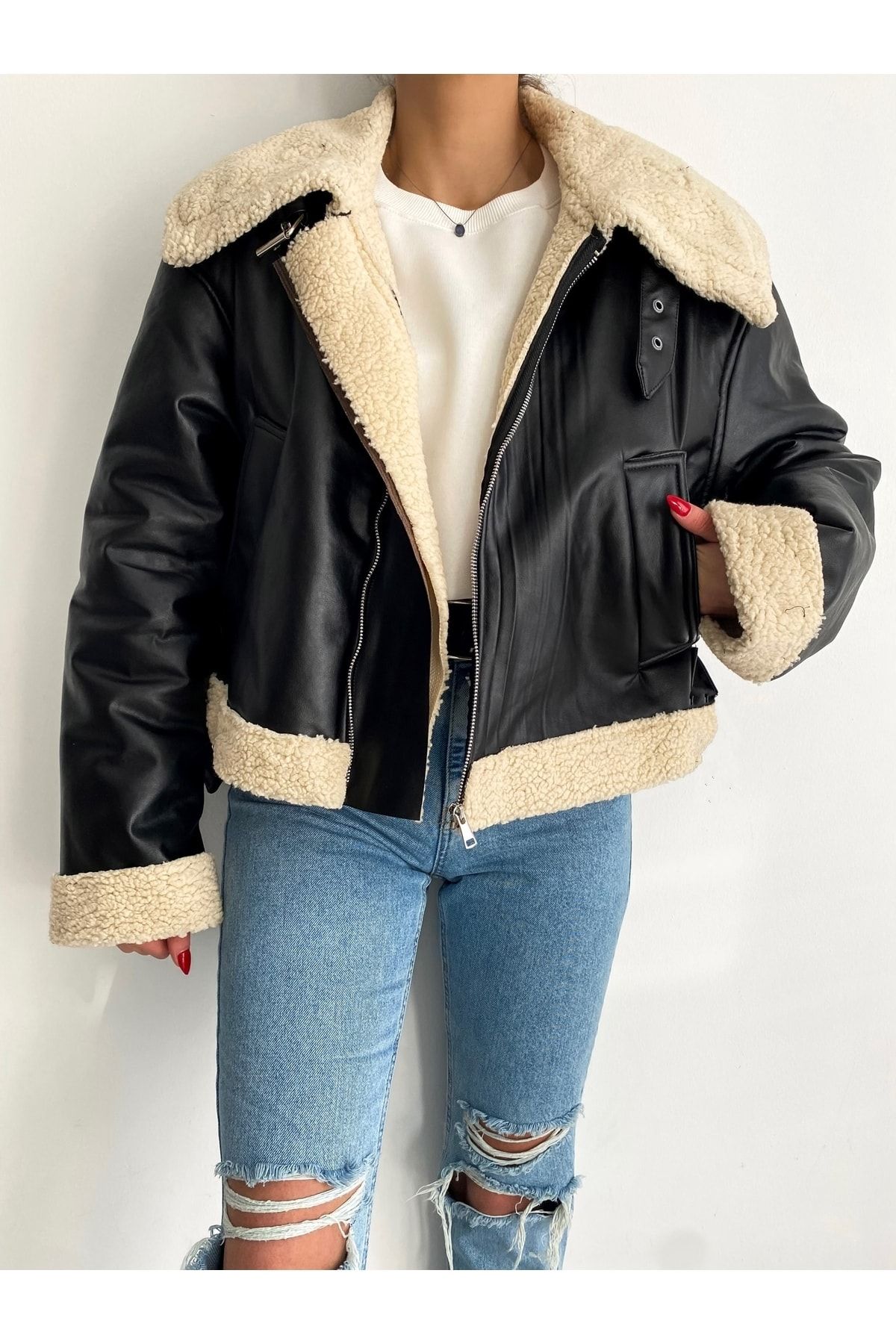 Ekim Store-Jachetă scurtă biker cu căptușeală din blană 4
