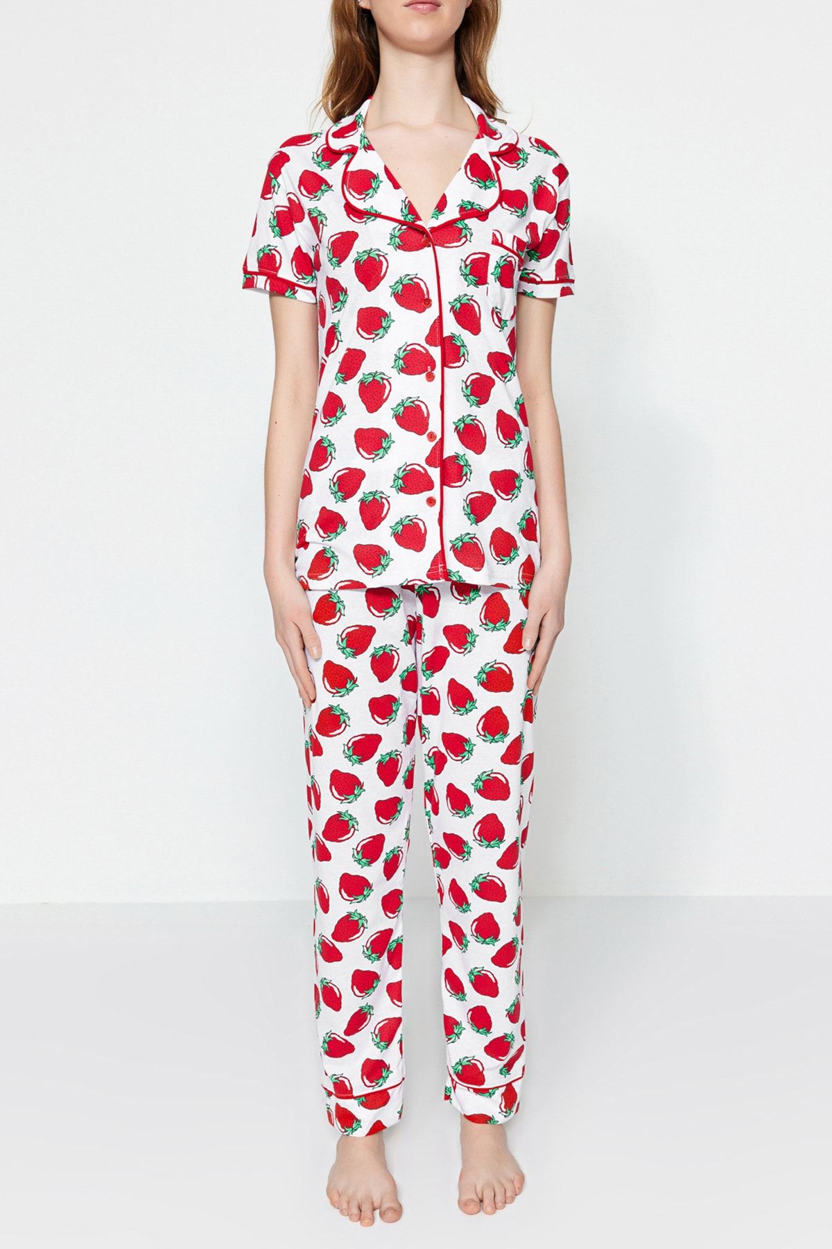 Trendyol Collection-Strawberry Patterned White Knitted Pajamas Set and Sleeping Headband - Thmss21pt0784 6