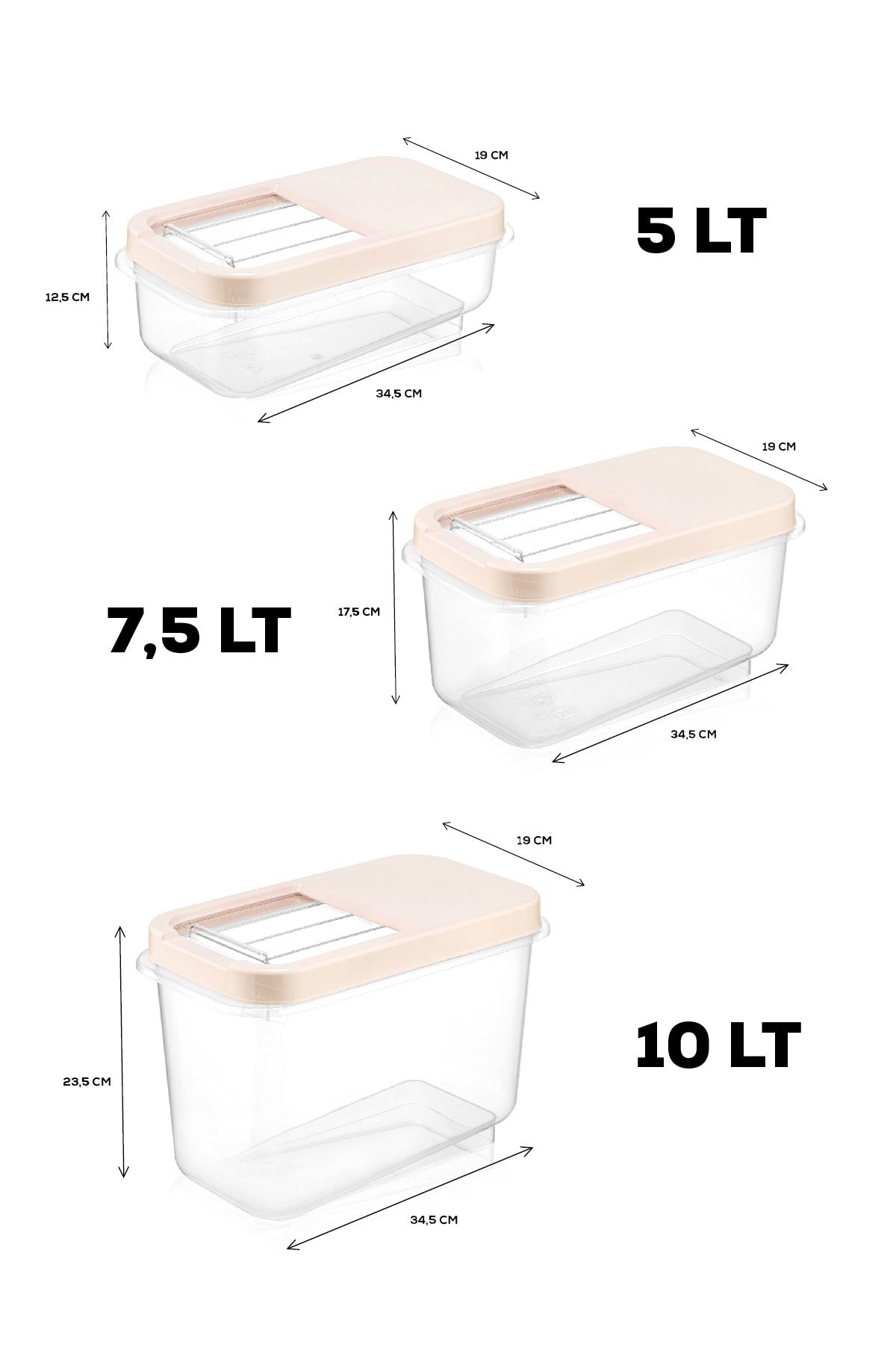 Meleni Home-Set of 9 Pulses Storage Container - Food Storage Container with Sliding Lid Flour Container Cream 3x(5 Lt-7,5 Lt-10 Lt) 2
