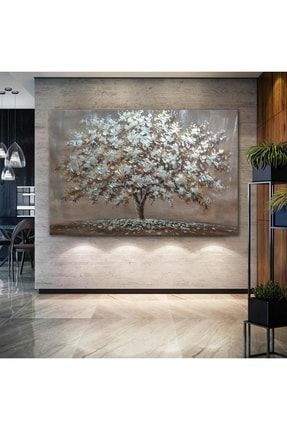 Yağlı Boya Efektli Ağaç Modern Dekoratif Beyaz Yapraklı Kanvas Tablo T2020479