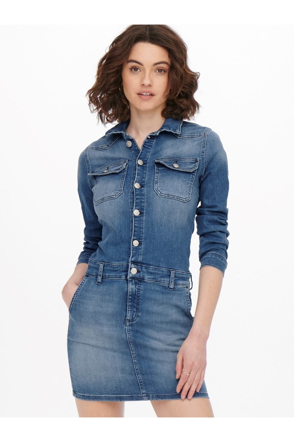 ONLY Onlsasia Abito Corto In Denim Stretch – Maniche Lunghe, Slim Fit, Colletto Camicia - 4