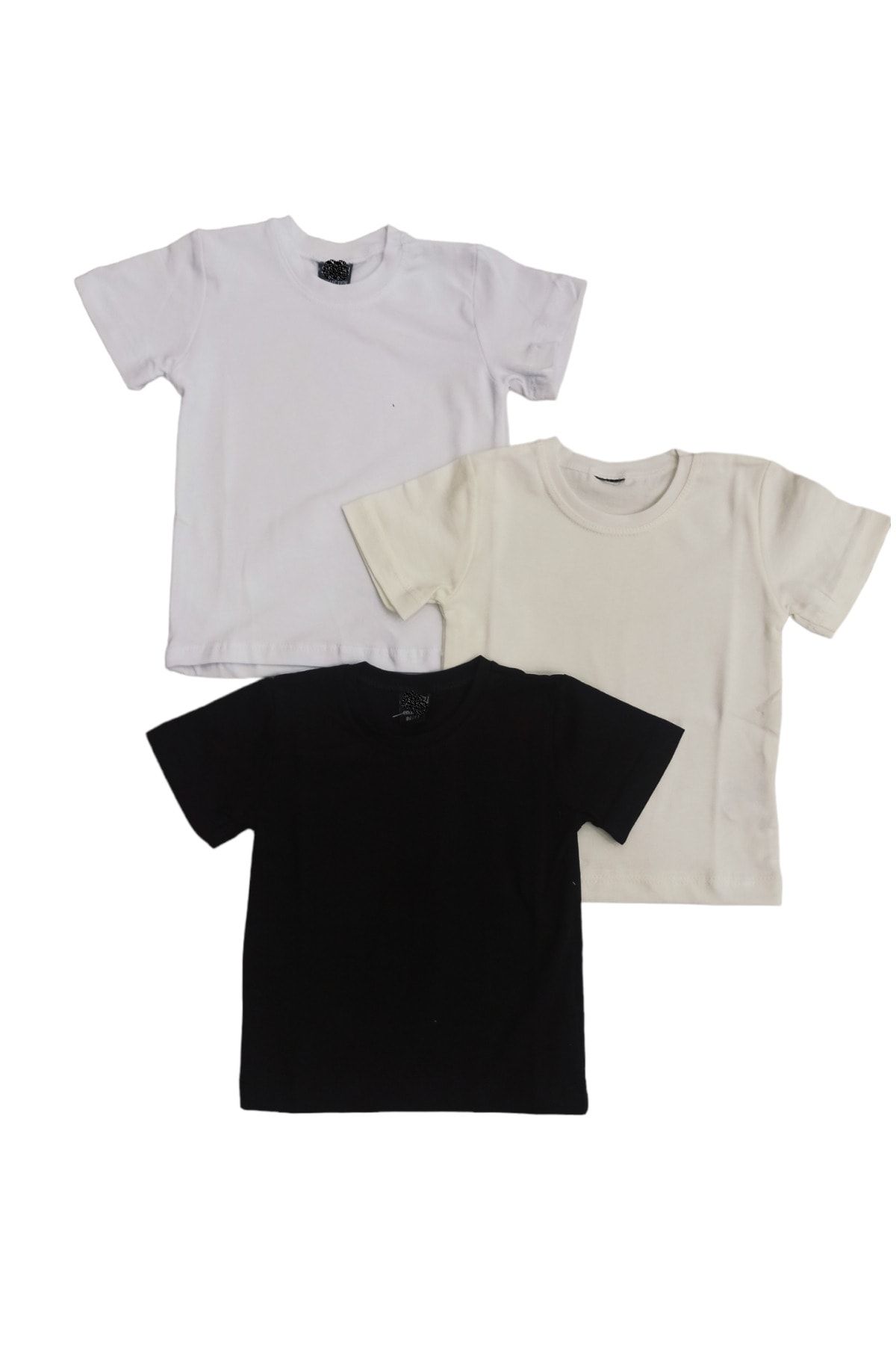 Basic Düz Bisiklet Yaka Kısa Kollu Likralı Badi Sweat T-shirt (3 Lü Paket Krem-siyah-beyaz)