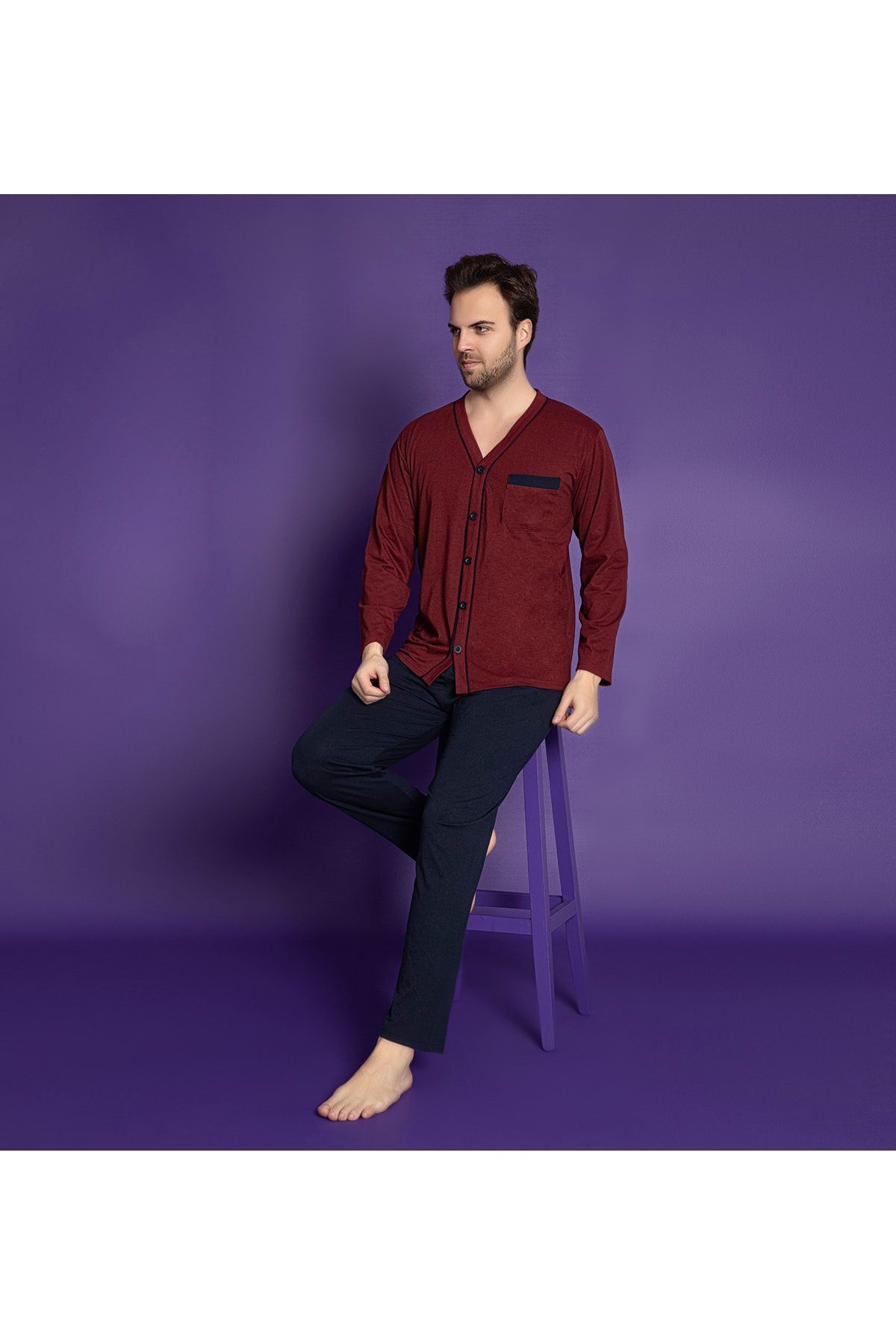 MİRELLA Erkek Bordo-lacivert Kombinli Uzun Kollu Önden Düğmeli Penye Kumaş Örme Mevsimlik Pijama Takımı