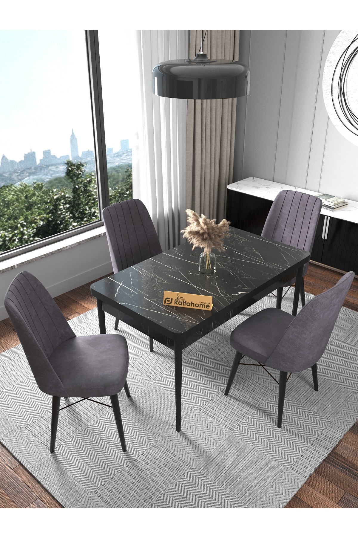 Fixed Lotus 70x110 Cm , 4 Kişilik Sabit Masa Sandalye Takımı , Mutfak Masa Takımı - Gri KNF-KNN-001 - Kaffahome