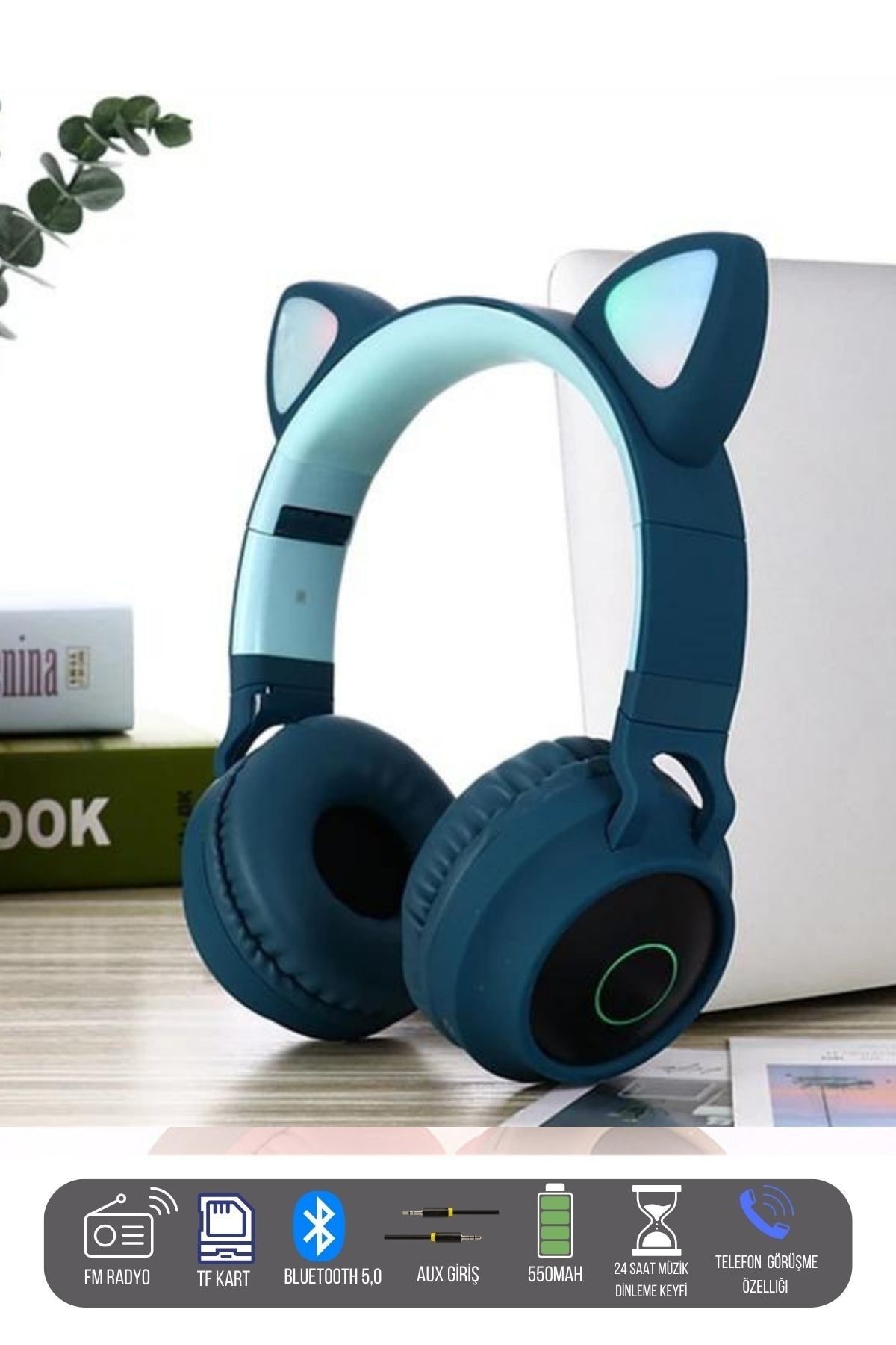 Butfulake Kablosuz Bluetooth 5.0 Led Işıklı Kedili Şık Kulaklık Mikrofonlu Katlanabilir Petrol Mavisi Kedi