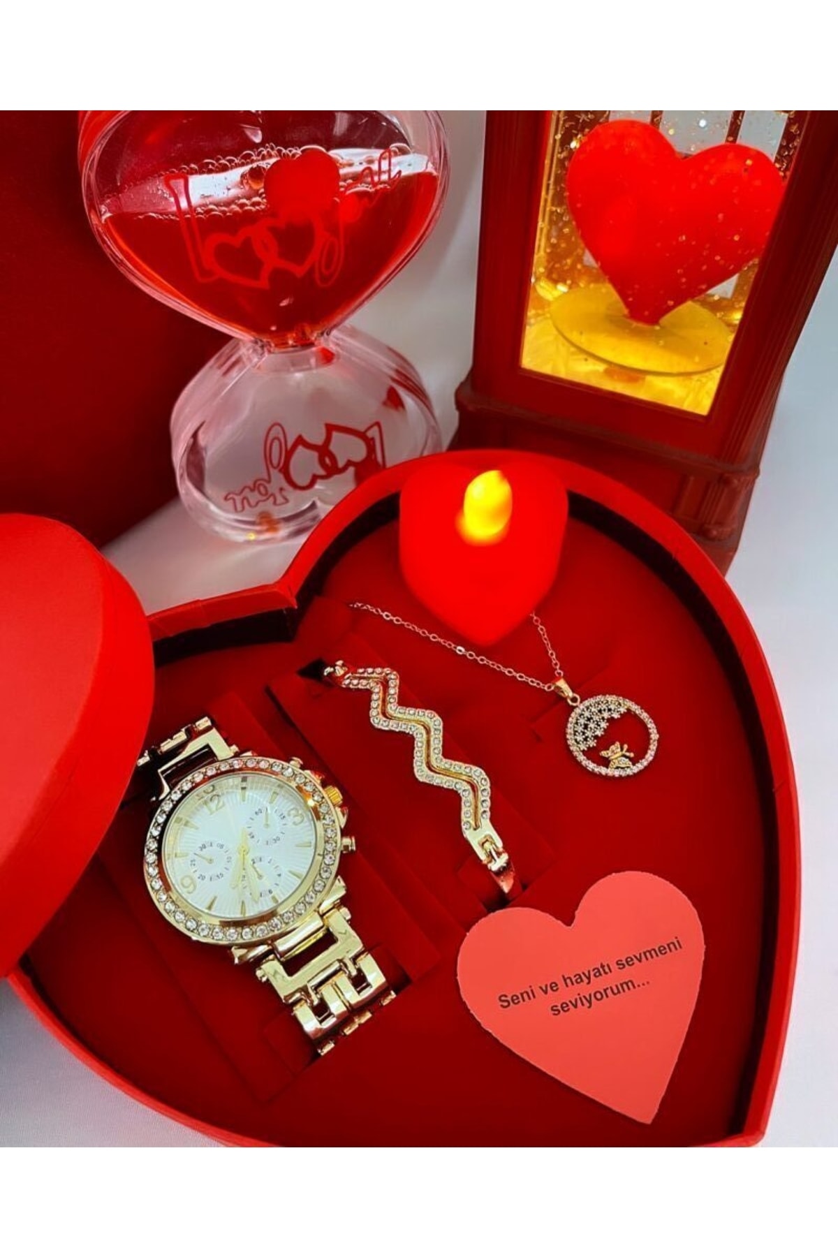 Has Gold Taşlı Kalp Mumlu Hediye Kalp Saat Set Kutu