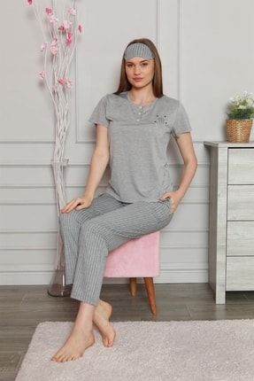 Kadın Kısa Kollu Patlı Pijama Takımı Gri 8300