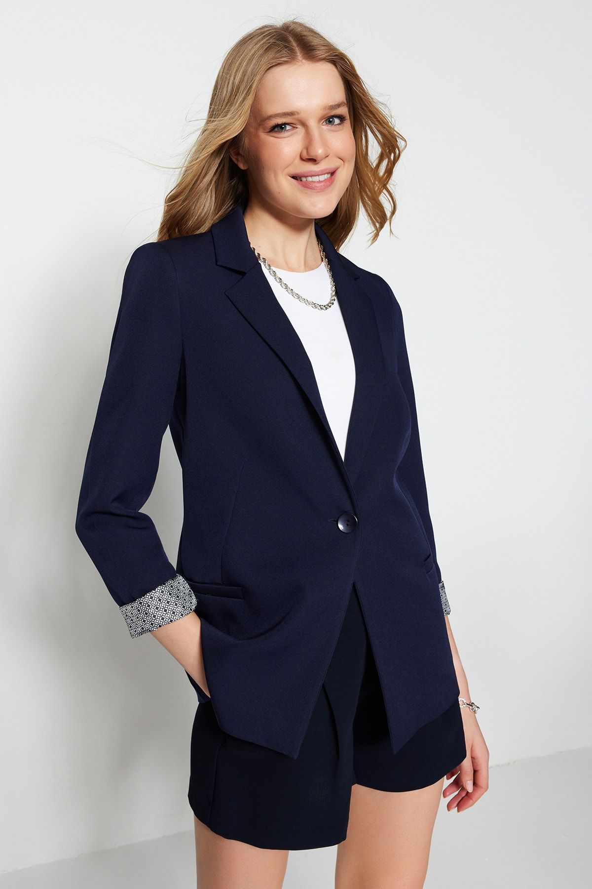 Trendyol Collection-Navy Blue Regular Gray Geometric Patterned Lined Single Button Pocket Woven Blazer Jacket Twoaw20Ce0316 5