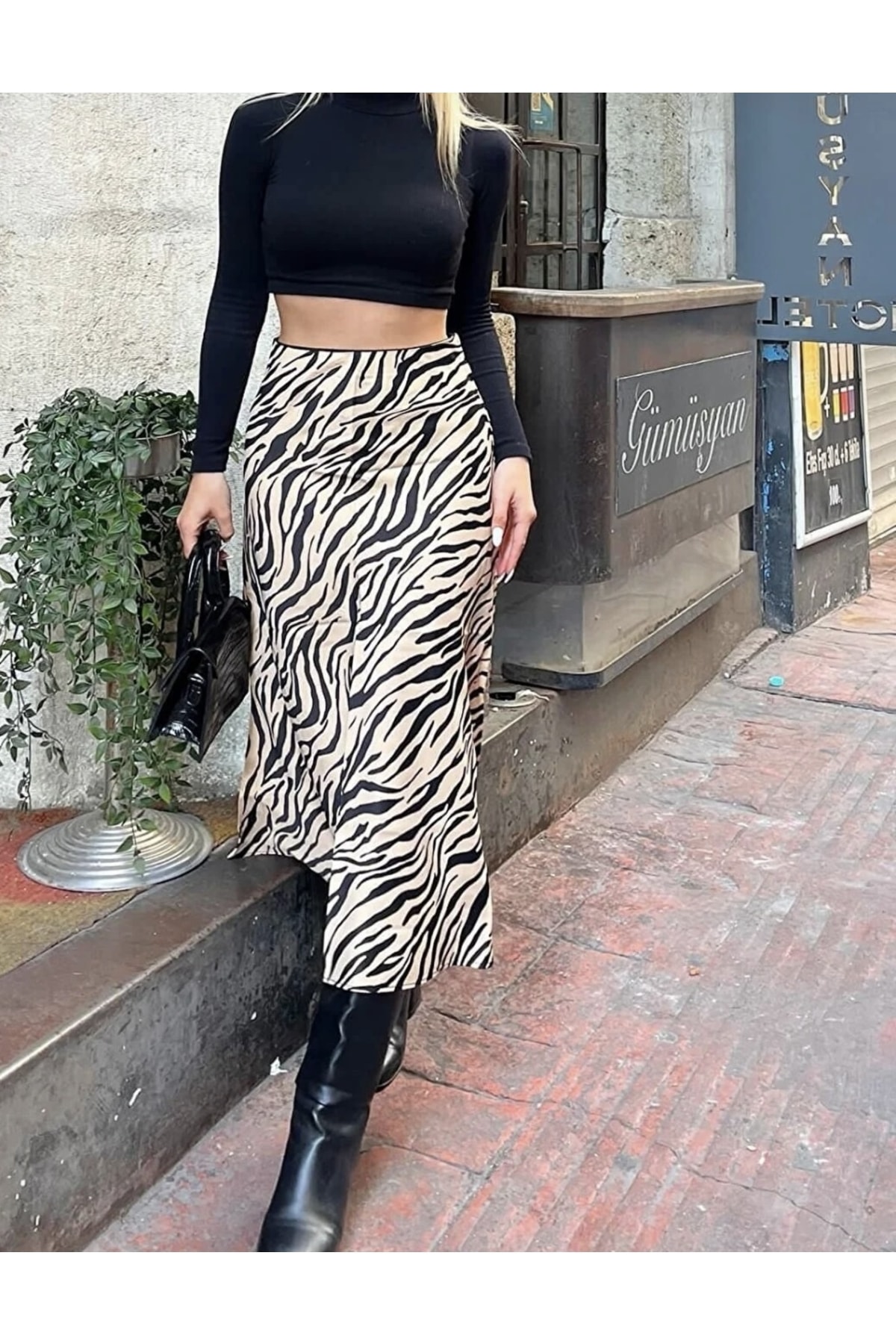 Moda Fii Saten Uzun Zebra Desen Etek