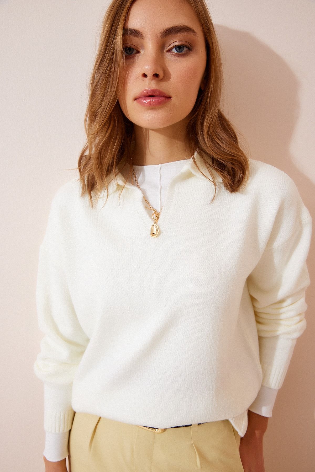 Happiness İstanbul Pullover Ecru Regular Fit Fast ausverkauft