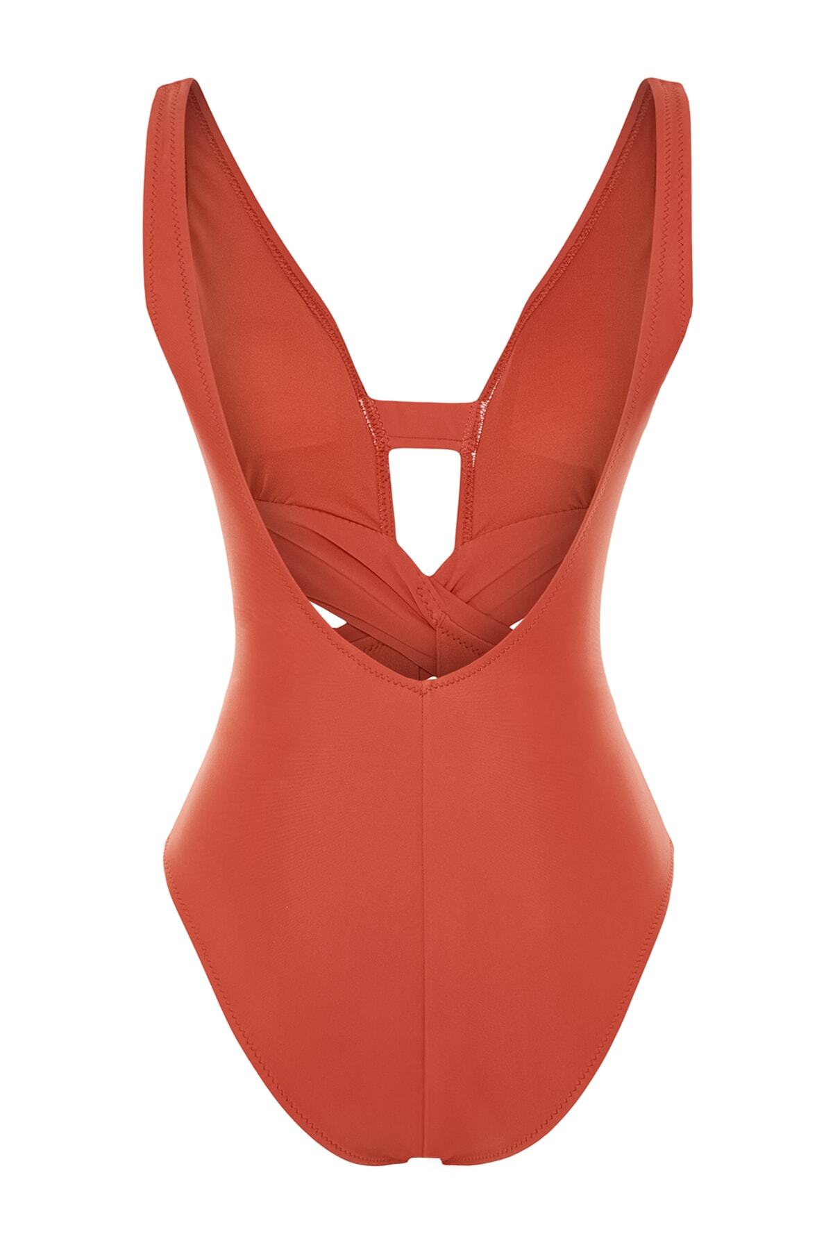 Trendyol Collection-Skořicové plavky s hlubokým nízkým výstřihem/okénkem TBESS20MA0292 8