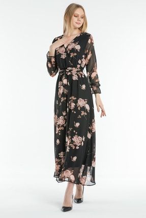 Gül Çiçekli Büyük Beden Şifon Elbise ELBISEDELISI-0001
