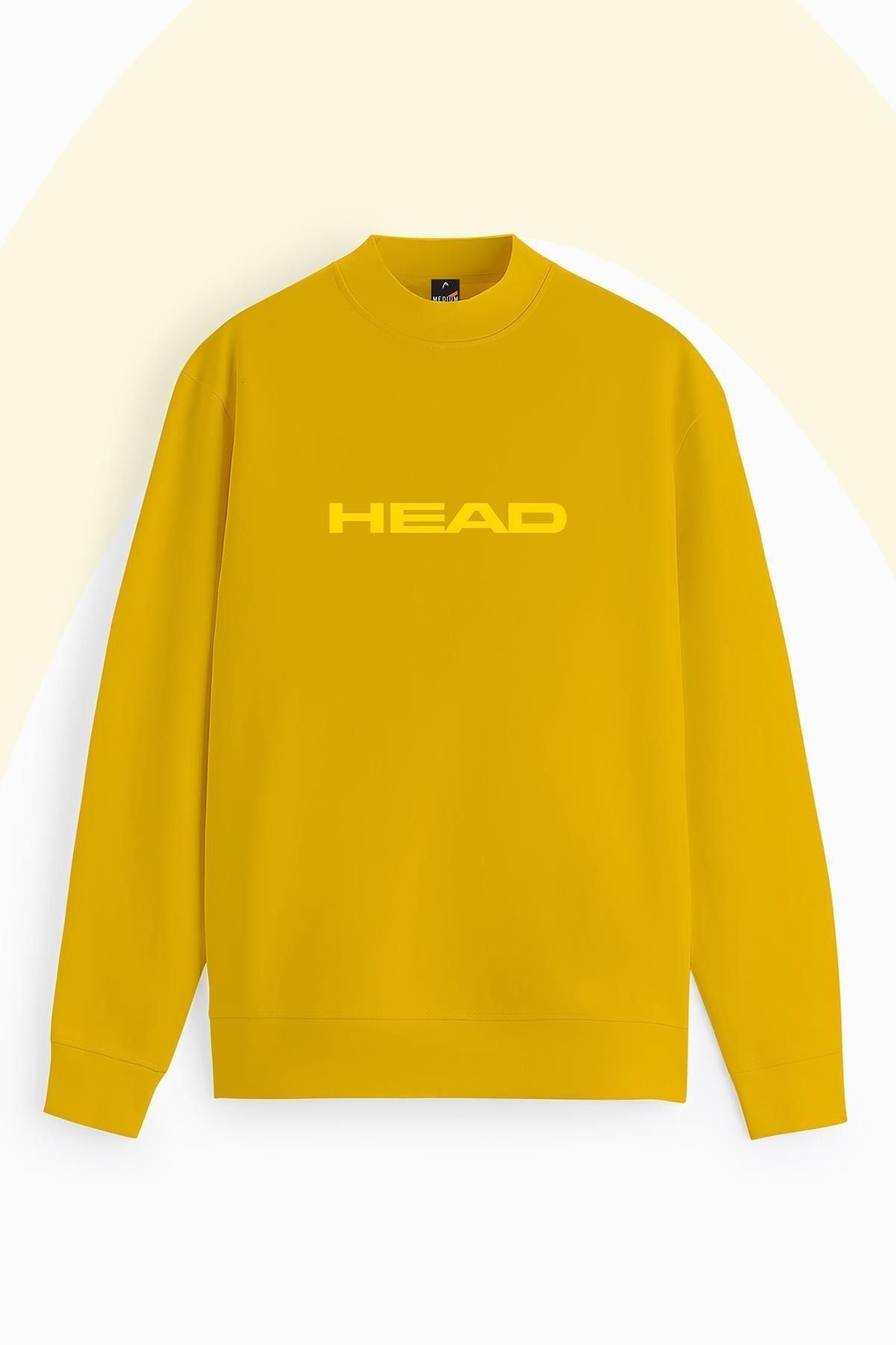 Head Erkek Sarı Logo Baskı Bisiklet Yaka 4 Mevsim Pamuklu Spor Şık Tenisci Sweatshirt