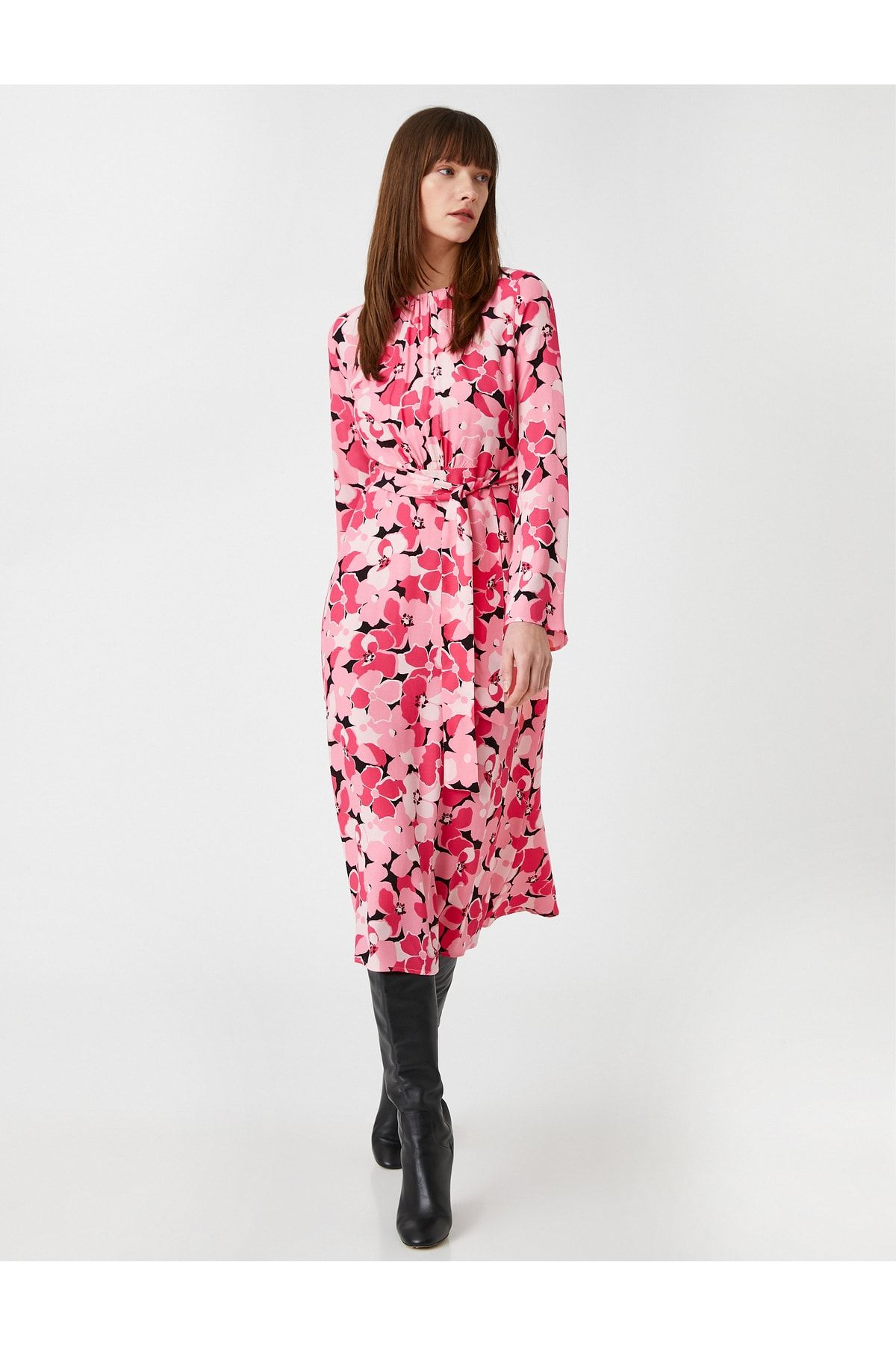 Midi Length Dress Floral Long Sleeve Belted – Everything5Pounds