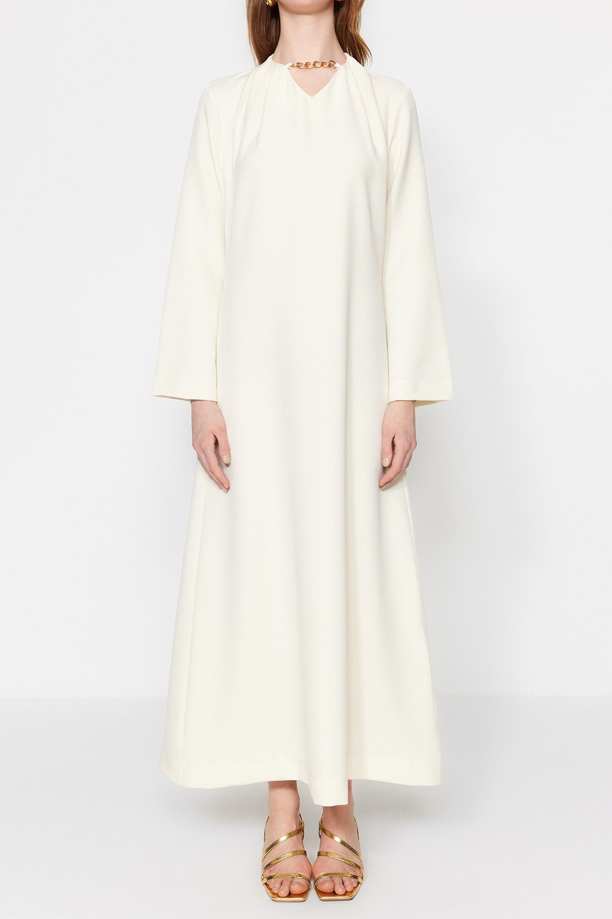 Trendyol Modest-Βραδινό φόρεμα κρεπ Ecru Nu A-Line με αξεσουάρ κολιέ TCTSS23DB00023 8