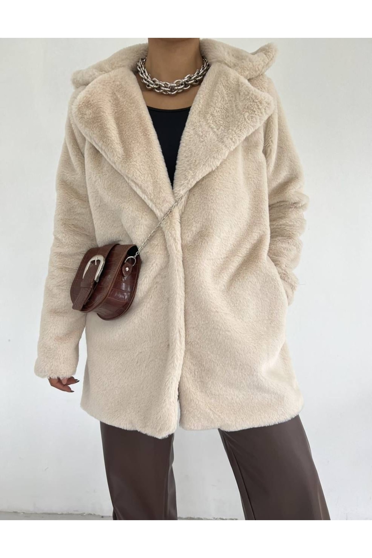 Beige Collar Detailed Plush Coat