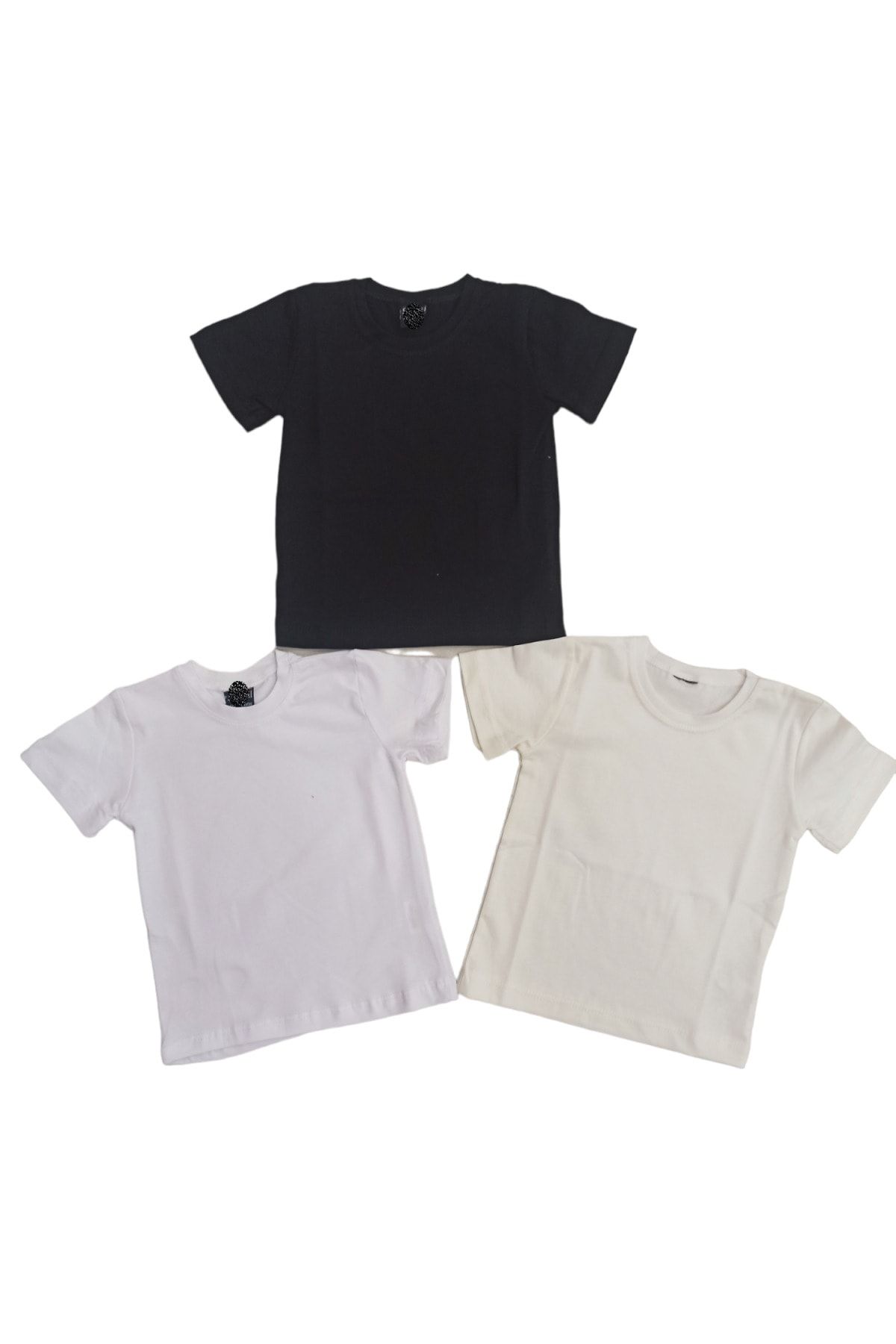 Basic Düz Bisiklet Yaka Kısa Kollu Likralı Badi Sweat T-shirt (3 Lü Paket Krem-siyah-beyaz)