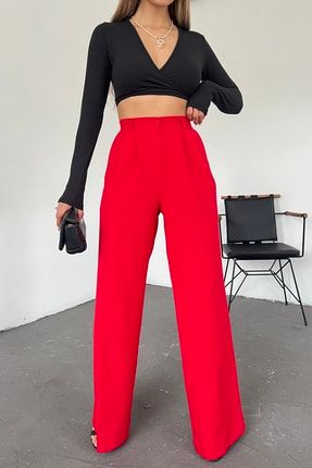 Hera Moda Kadın Kırmızı Pallazzo Kumaş Pantolon PalazzoKumşPntlnn