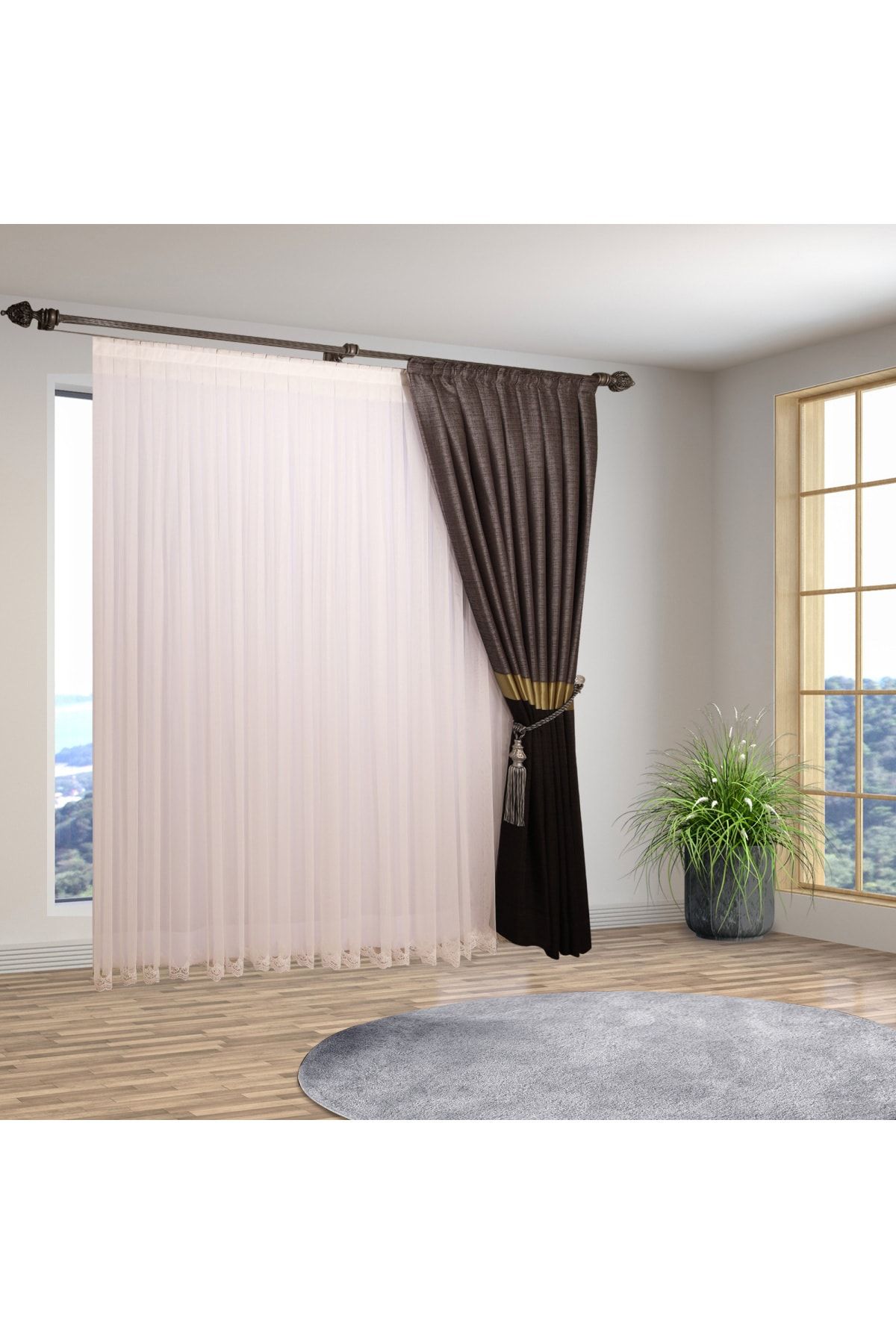 perhal perde ve halı Fusta Brodata Gri Alb Culoare 1-2 Rare Plisat Tulle Cortina - 100 x 200