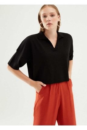 Kadın Siyah Renk Oversize Polo Yaka Std Beden (s-m-l) Triko T-shirt Tişört SİYAHTİŞÖRTTRİKO