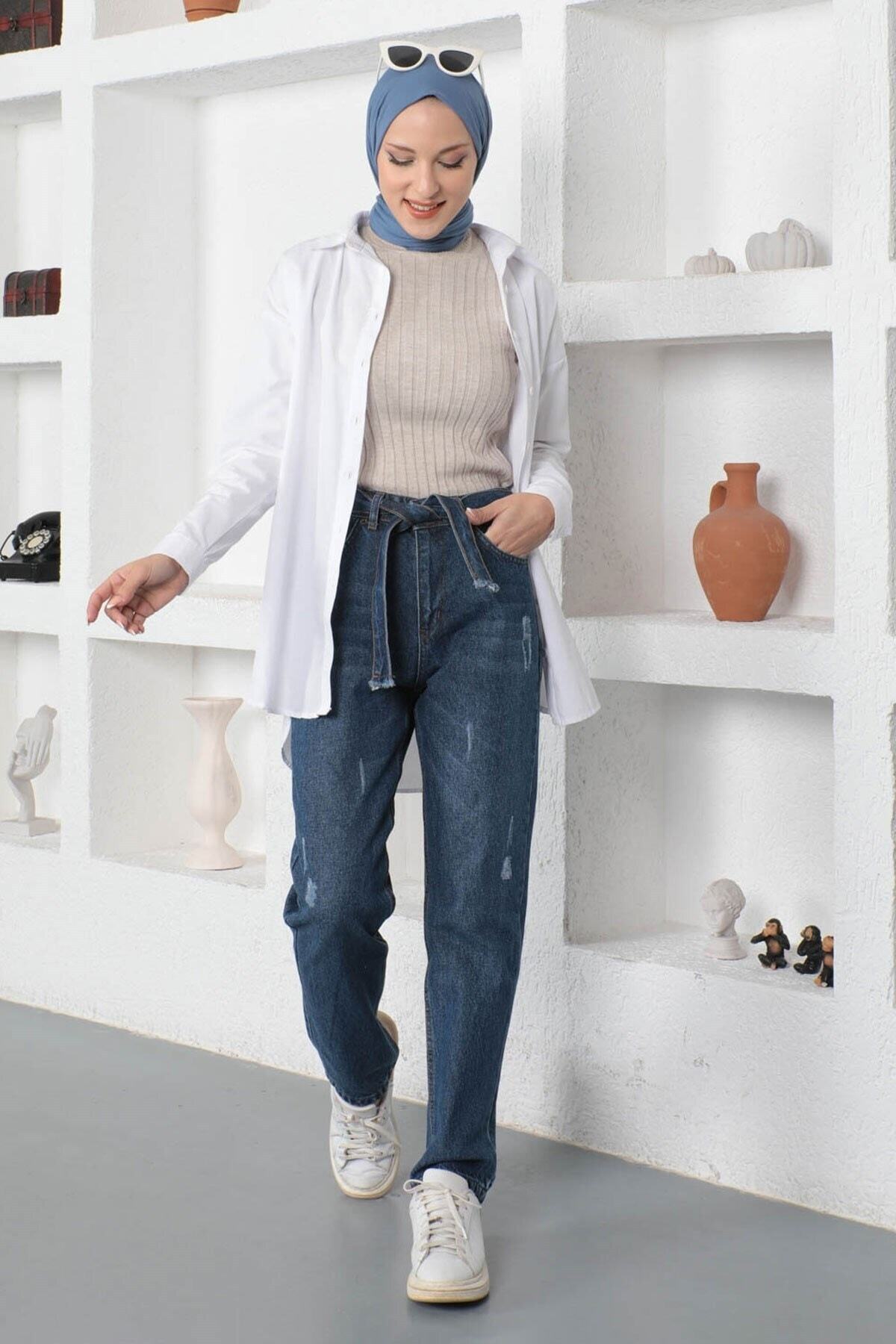 Modamihram-Belted Boyfriend Jeans Kalhoty modré 6007 4