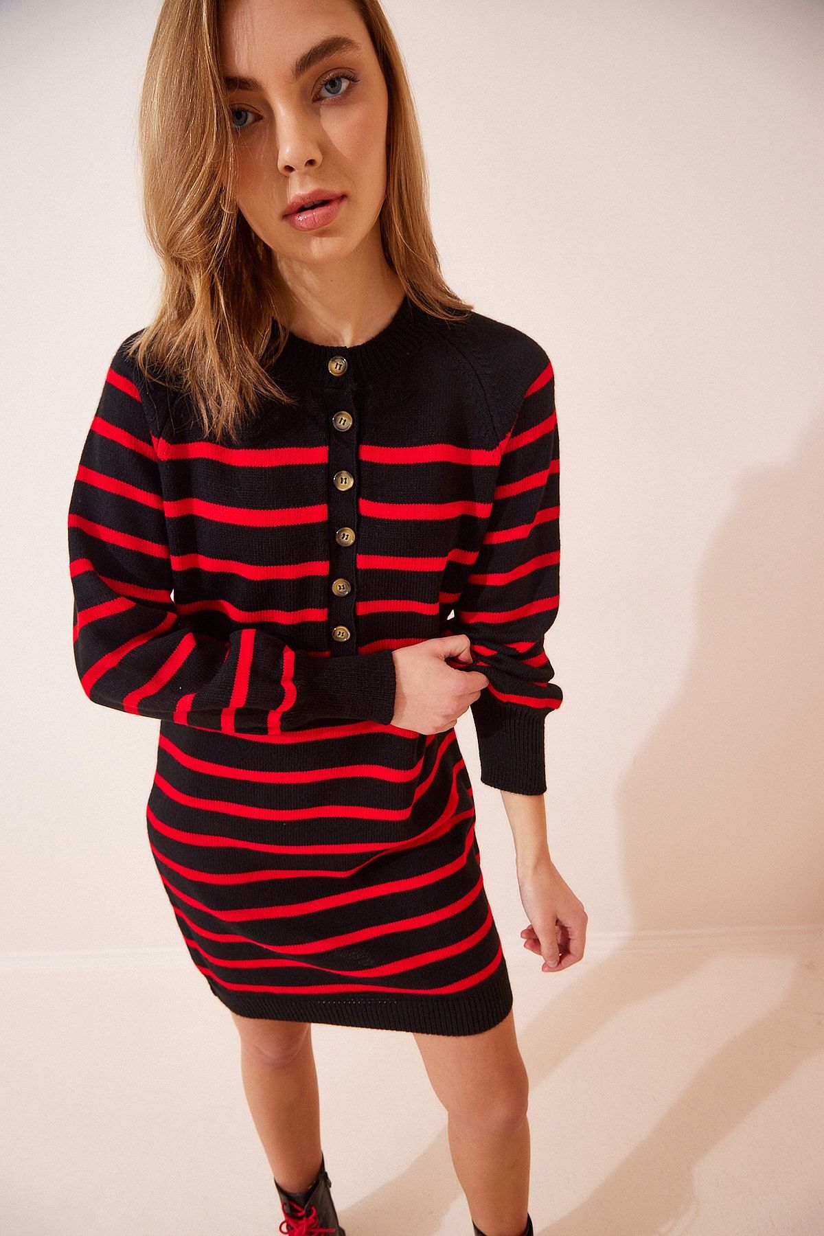 Happiness stanbul Women s Black Red Striped Knitwear Dress