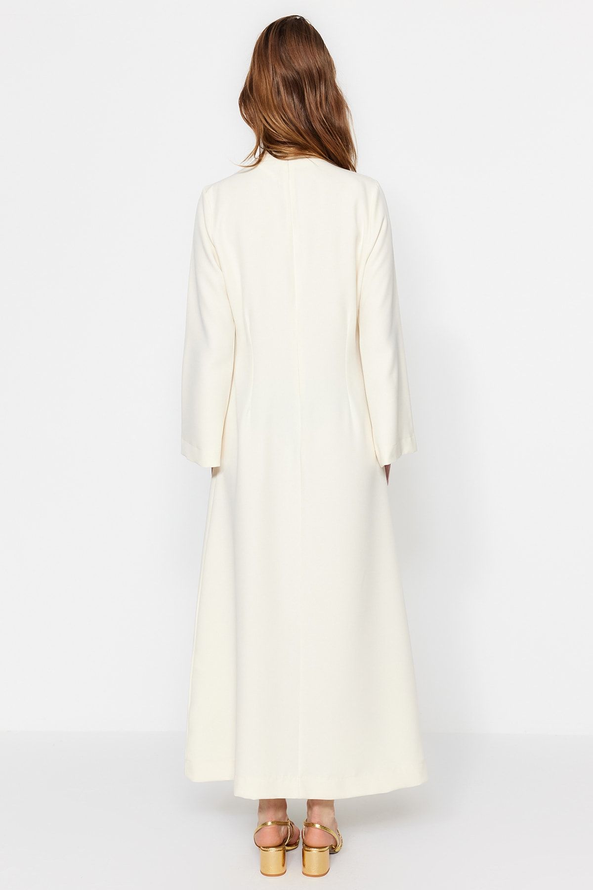 Trendyol Modest-Βραδινό φόρεμα κρεπ Ecru Nu A-Line με αξεσουάρ κολιέ TCTSS23DB00023 6