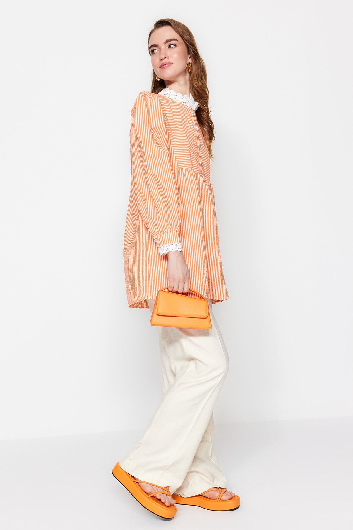 Trendyol Modest-Orange Lace Woven Seersucker Plaid Tunic TCTSS23UK00067 5