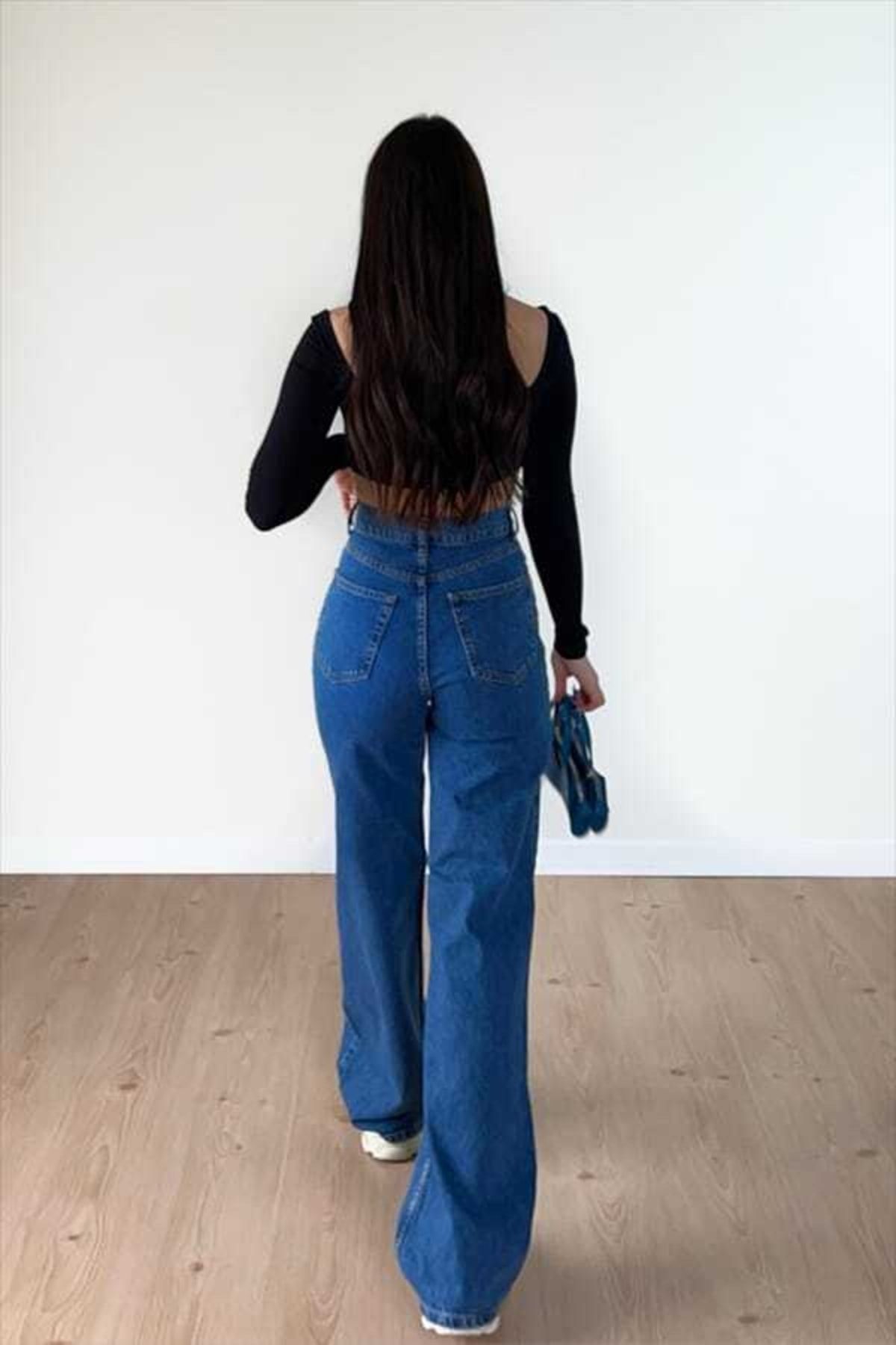 DRC trend-Blugi largi din Lycra pentru femei, albaștri, anii 90, cu picioare largi, pantaloni Palazzo 2