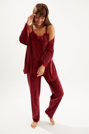 Kadın Bordo Soft Kadife Truvakar Kol Ip Askılı Pantolon 3 Lü Pijama Takım MM0000337