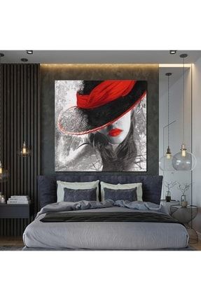 Kırmızı Şapkalı Kadın Ilüstrasyon Dekor Woman Kırmızı Ruj Kanvas Tablo T3030311