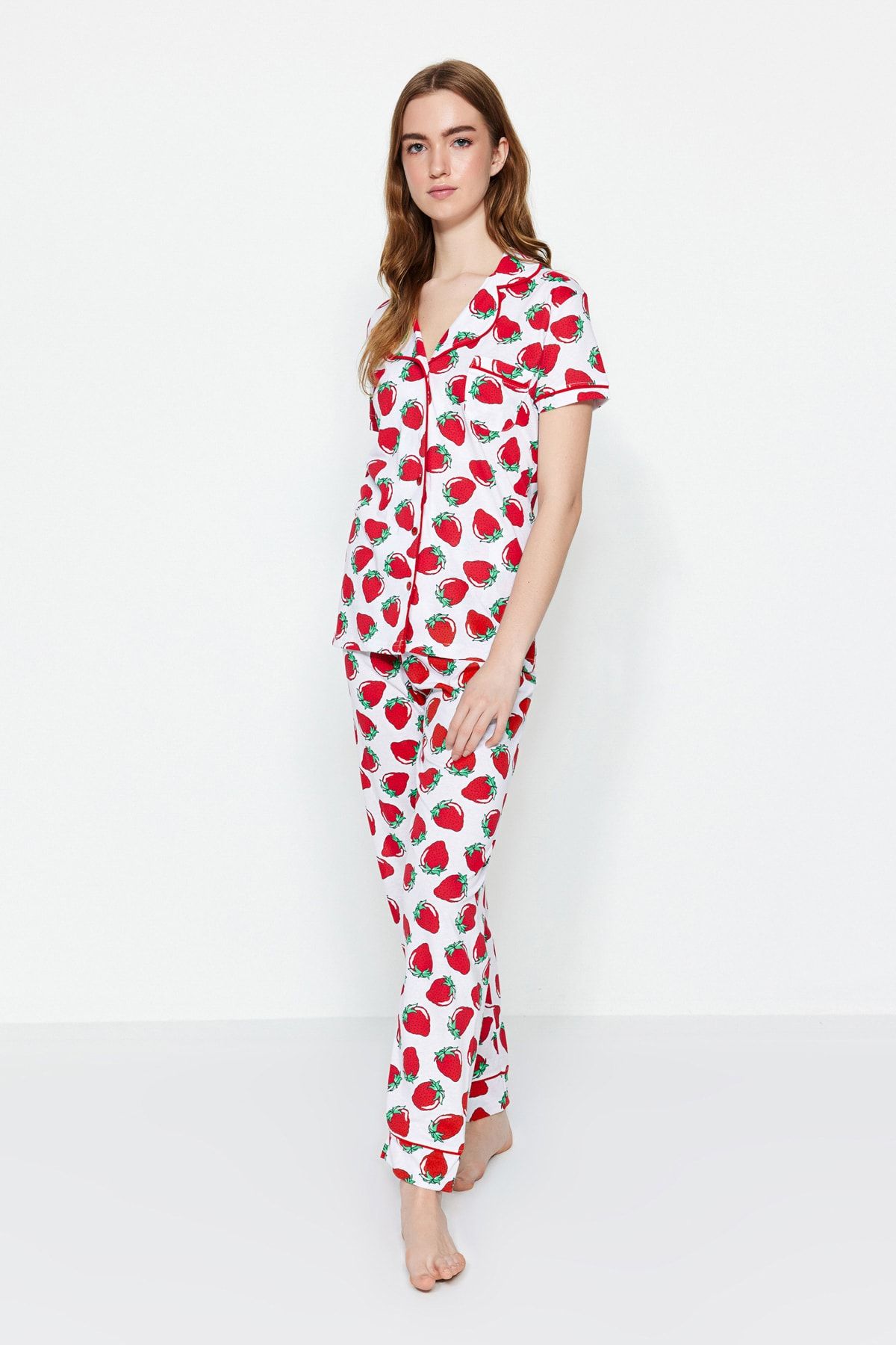 Trendyol Collection-Strawberry Patterned White Knitted Pajamas Set and Sleeping Headband - Thmss21pt0784 4