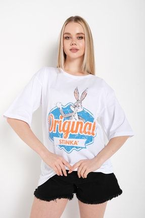 Kadın Beyaz Bugs Bunny Baskılı Original Stınka Oversize T-shirt STINK-20