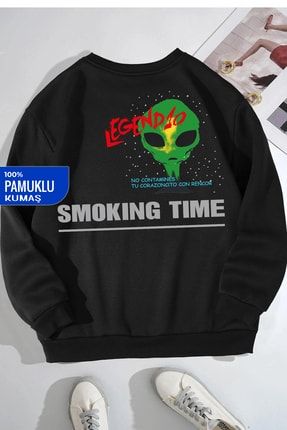 Oversize Unisex X Smoking Time Siyah Baskılı % 100 Pamuk Sweatshirt DPLN106