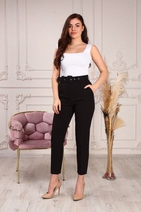 Kadın Dar Paça Klasik Kemerli Kumaş Pantolon - Siyah DKPNTL001