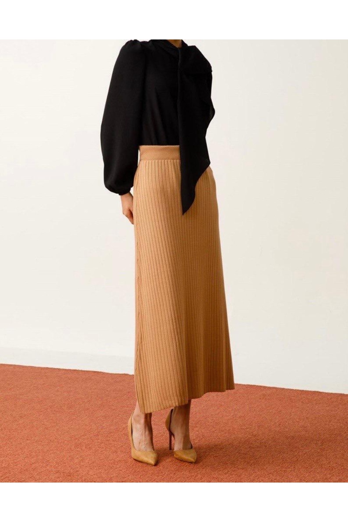 TUSSE Elegant Düz Renk Fitilli %100 Pamuklu Triko Örme Büyük Beden Kadın Etek