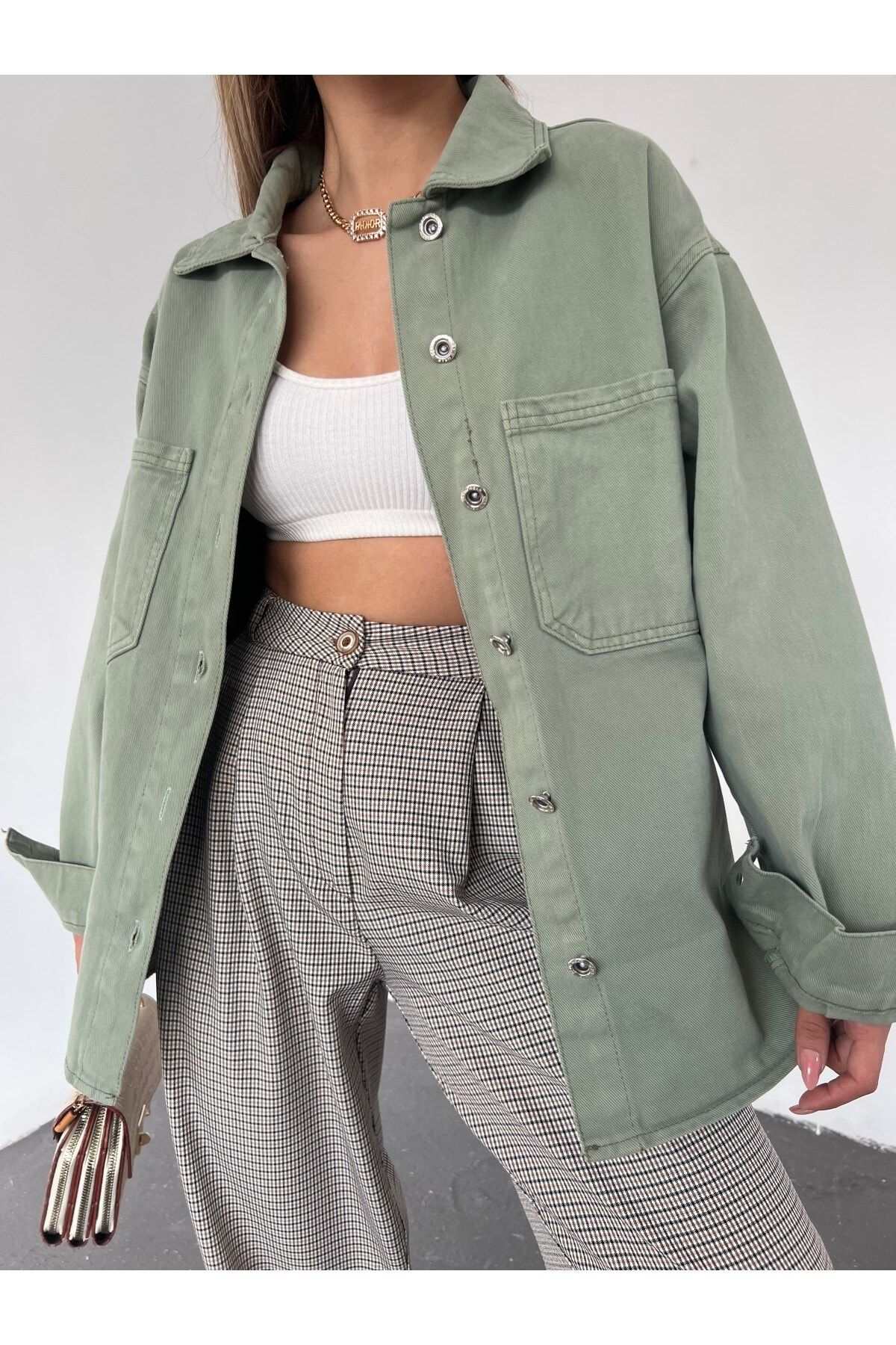 Fav Style Kadın Oversize Uzun Kollu Çift Cepli Ceket Gömlek Su Yeşili CE10605